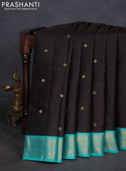 Pure kanchipuram silk saree coffee brown and teal green with allover vairaosi pattern & buttas and zari woven korvai border