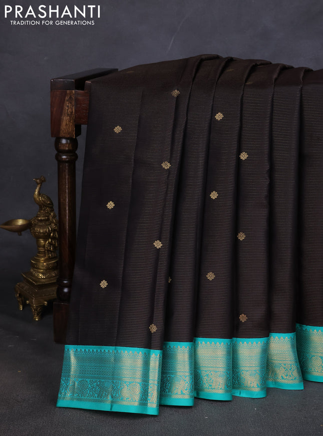 Pure kanchipuram silk saree coffee brown and teal green with allover vairaosi pattern & buttas and zari woven korvai border