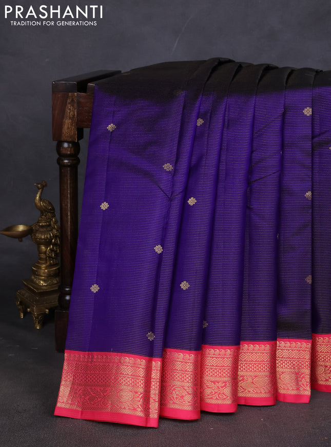 Pure kanchipuram silk saree blue and pink shade with allover vairaosi pattern & buttas and zari woven korvai border