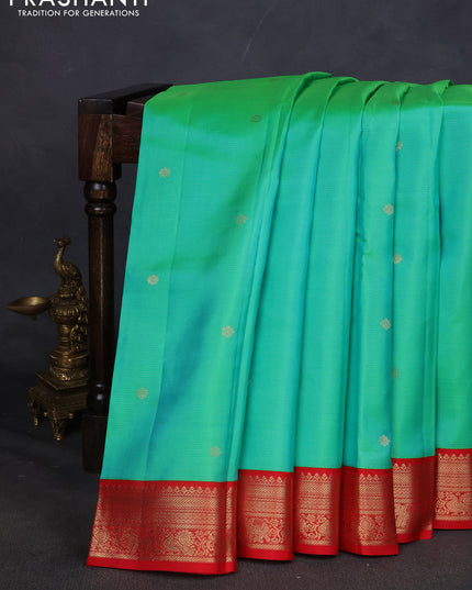 Pure kanchipuram silk saree teal green and red with allover vairaosi pattern and zari woven korvai border
