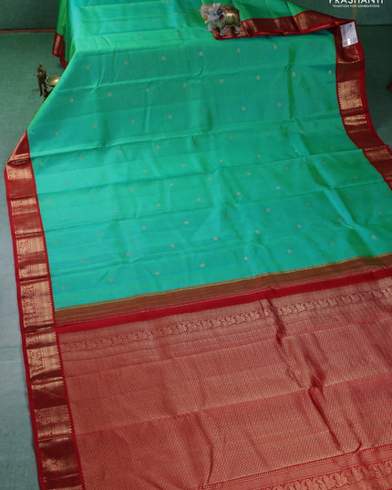 Pure kanchipuram silk saree teal green and red with allover vairaosi pattern and zari woven korvai border