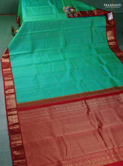Pure kanchipuram silk saree teal green and red with allover vairaosi pattern and zari woven korvai border