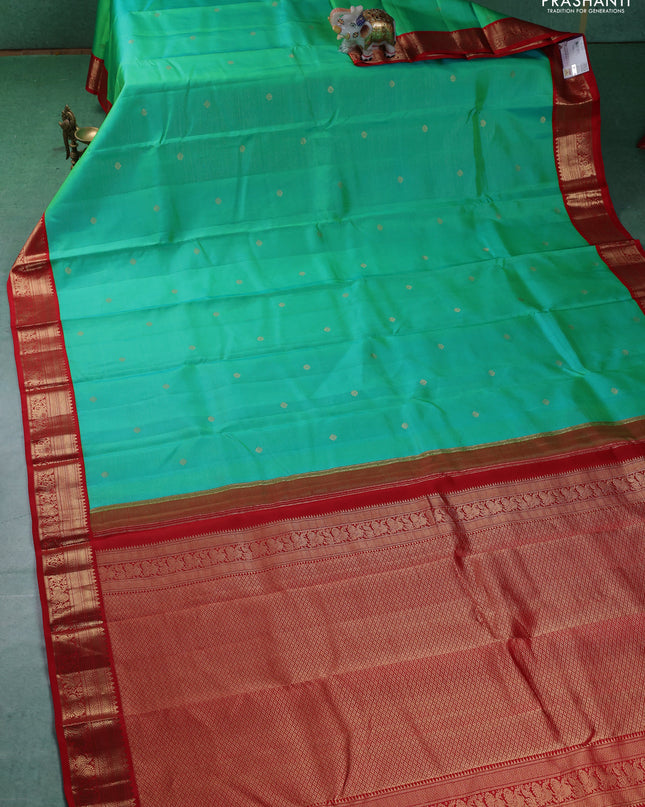 Pure kanchipuram silk saree teal green and red with allover vairaosi pattern and zari woven korvai border