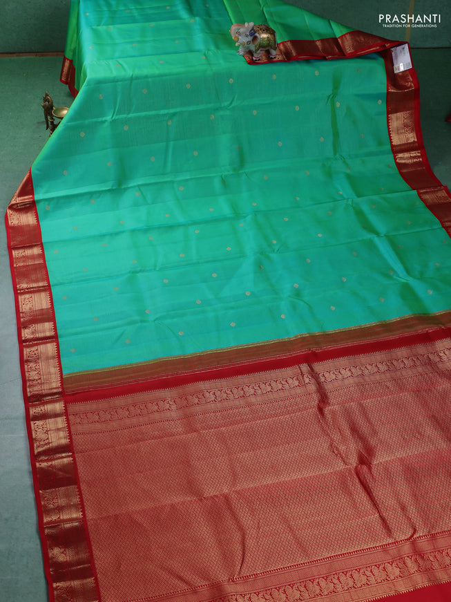 Pure kanchipuram silk saree teal green and red with allover vairaosi pattern and zari woven korvai border