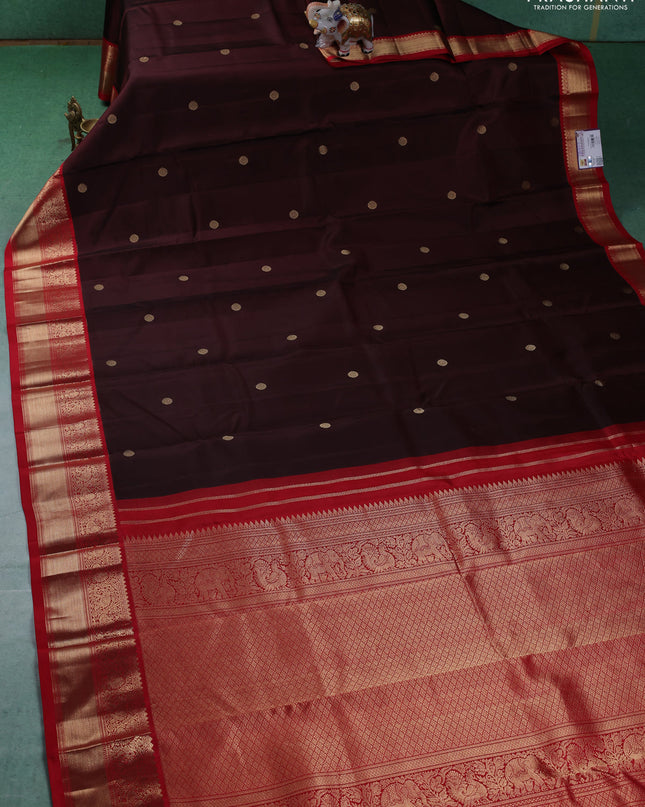 Pure kanchipuram silk saree deep maroon and red with zari woven buttas and zari woven korvai border