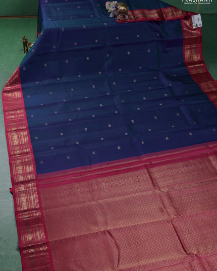 Pure kanchipuram silk saree blue and pink shade with zari woven buttas and zari woven korvai border