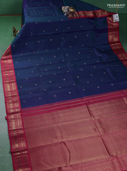Pure kanchipuram silk saree blue and pink shade with zari woven buttas and zari woven korvai border