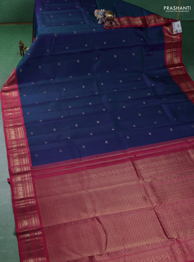 Pure kanchipuram silk saree blue and pink shade with zari woven buttas and zari woven korvai border