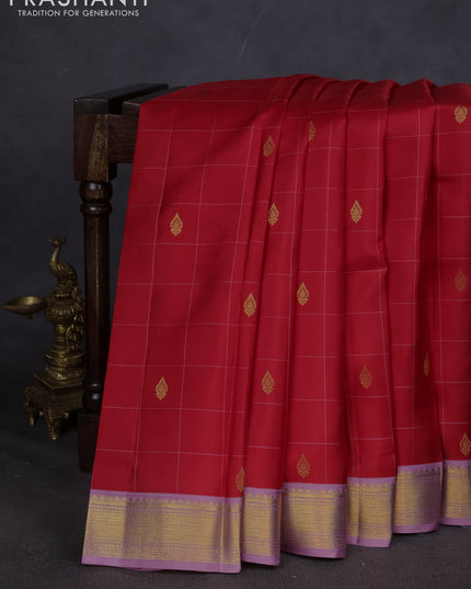 Pure kanchipuram silk saree red and lavender with allover checks & buttas and zari woven korvai border
