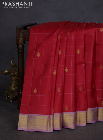 Pure kanchipuram silk saree red and lavender with allover checks & buttas and zari woven korvai border