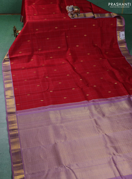 Pure kanchipuram silk saree red and lavender with allover checks & buttas and zari woven korvai border