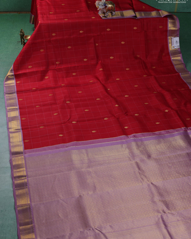 Pure kanchipuram silk saree red and lavender with allover checks & buttas and zari woven korvai border
