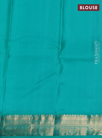 Pure kanchipuram silk saree mustard yellow and teal blue with allover zari weaves & buttas and zari woven korvai border
