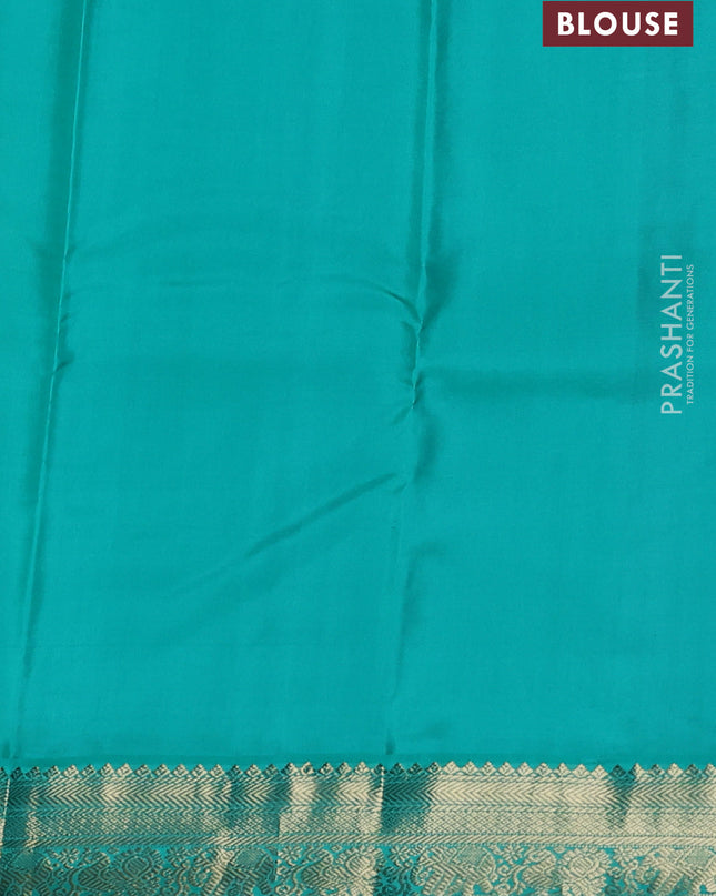 Pure kanchipuram silk saree mustard yellow and teal blue with allover zari weaves & buttas and zari woven korvai border
