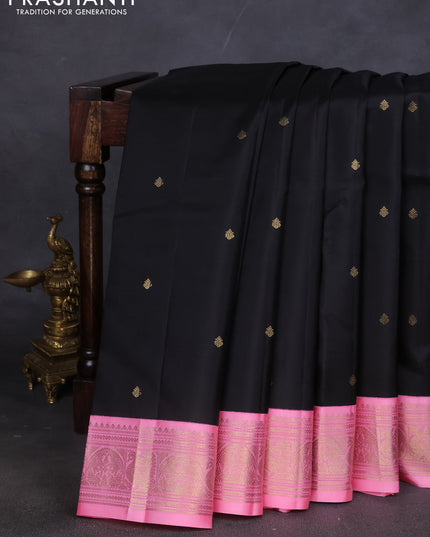 Pure kanchipuram silk saree black and light pink with zari woven buttas and zari woven korvai border