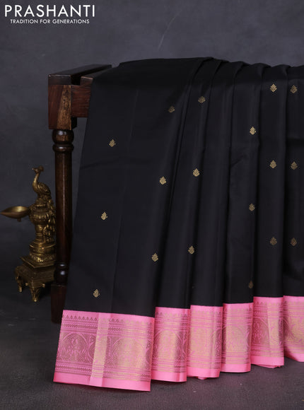 Pure kanchipuram silk saree black and light pink with zari woven buttas and zari woven korvai border