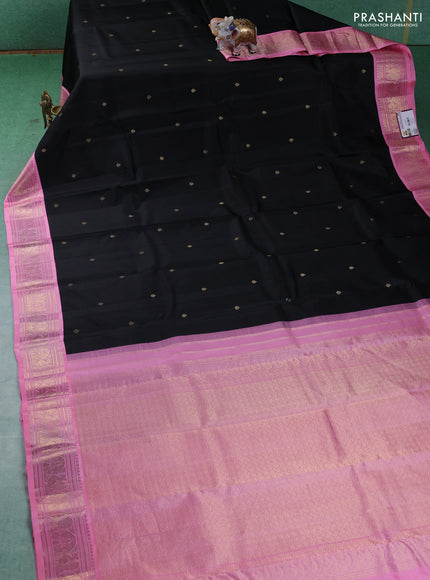 Pure kanchipuram silk saree black and light pink with zari woven buttas and zari woven korvai border