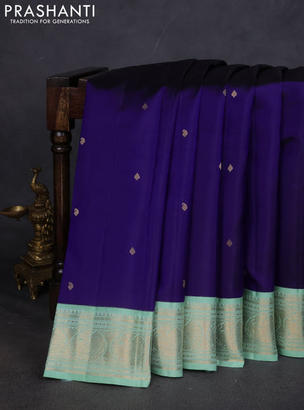 Pure kanchipuram silk saree blue and teal shade with zari woven buttas and zari woven korvai border