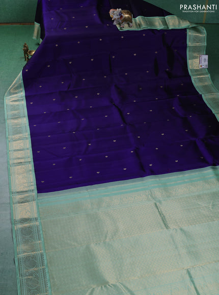 Pure kanchipuram silk saree blue and teal shade with zari woven buttas and zari woven korvai border