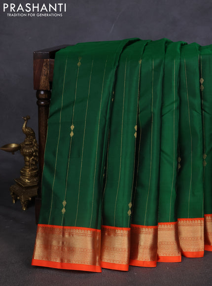 Pure kanchipuram silk saree green and orange with allover zari weaves & buttas and zari woven korvai border