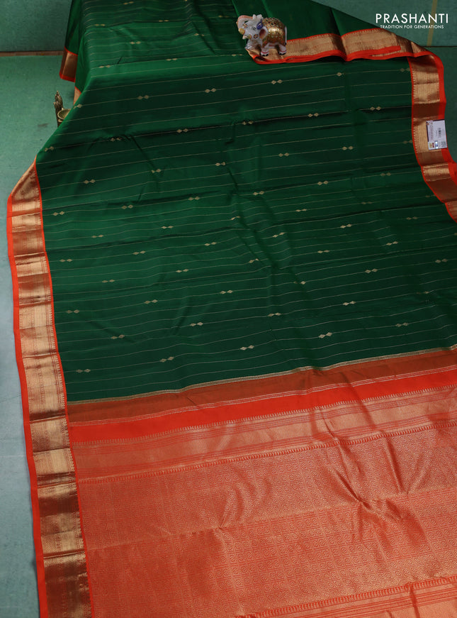 Pure kanchipuram silk saree green and orange with allover zari weaves & buttas and zari woven korvai border