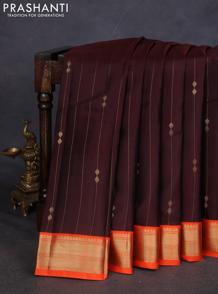 Pure kanchipuram silk saree brown and orange with allover zari weaves & buttas and zari woven korvai border