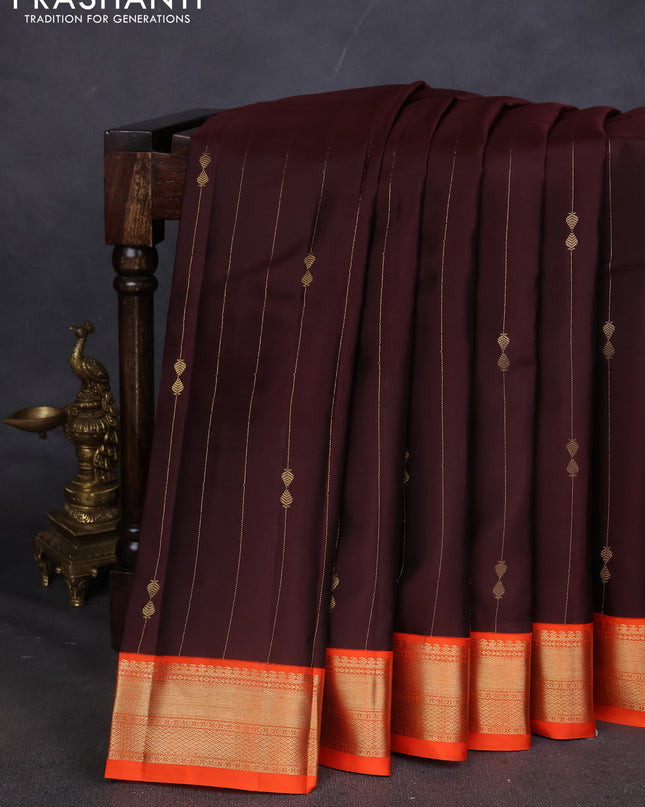 Pure kanchipuram silk saree brown and orange with allover zari weaves & buttas and zari woven korvai border