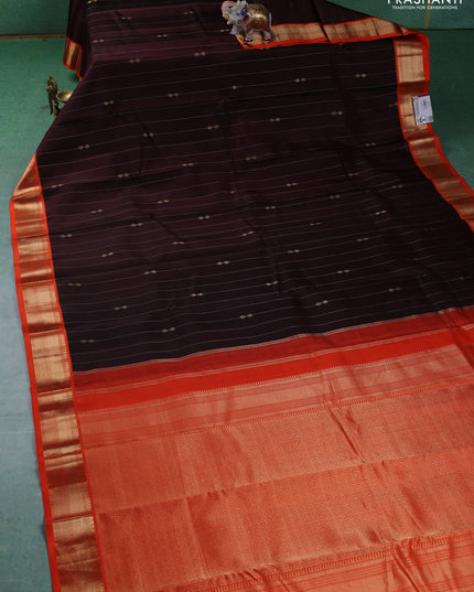 Pure kanchipuram silk saree brown and orange with allover zari weaves & buttas and zari woven korvai border