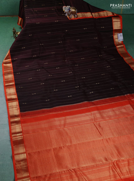 Pure kanchipuram silk saree brown and orange with allover zari weaves & buttas and zari woven korvai border