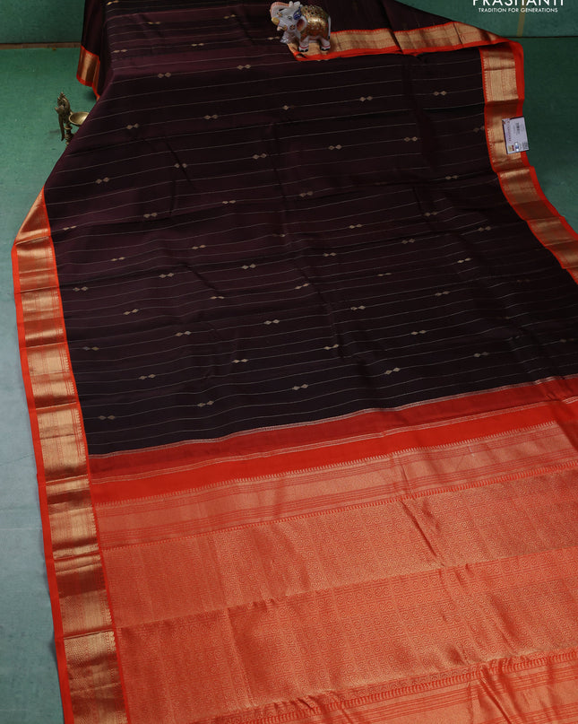 Pure kanchipuram silk saree brown and orange with allover zari weaves & buttas and zari woven korvai border