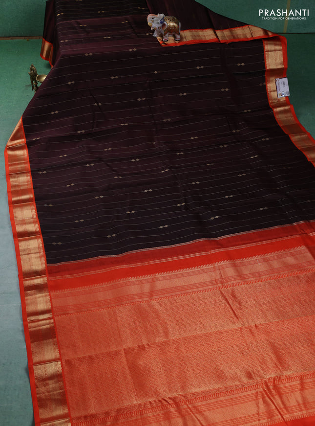 Pure kanchipuram silk saree brown and orange with allover zari weaves & buttas and zari woven korvai border