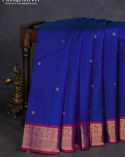 Pure kanchipuram silk saree blue and magenta pink with allover zari weaves & buttas and zari woven korvai border
