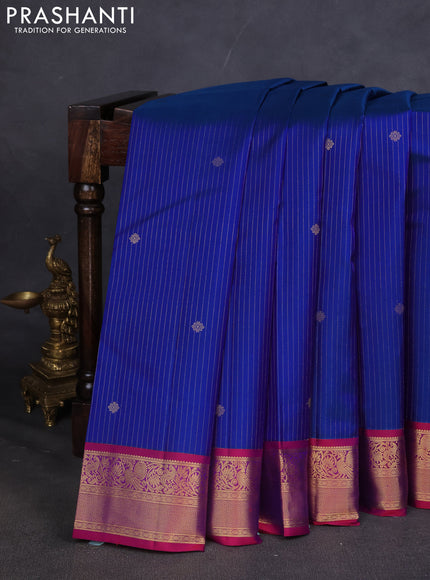 Pure kanchipuram silk saree blue and magenta pink with allover zari weaves & buttas and zari woven korvai border