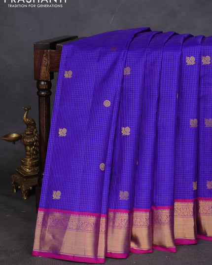 Pure kanchipuram silk saree blue and magenta pink with allover zari checks & buttas and zari woven border