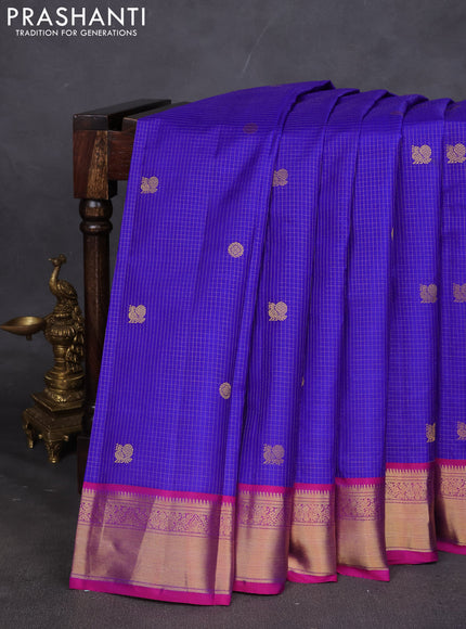 Pure kanchipuram silk saree blue and magenta pink with allover zari checks & buttas and zari woven border