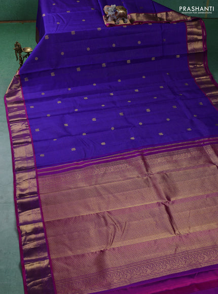 Pure kanchipuram silk saree blue and magenta pink with allover zari checks & buttas and zari woven border