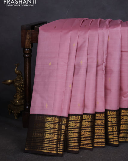 Pure kanchipuram silk saree light pink and coffee brown with zari woven buttas and zari woven korvai border