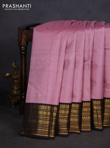 Pure kanchipuram silk saree light pink and coffee brown with zari woven buttas and zari woven korvai border