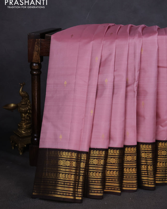 Pure kanchipuram silk saree light pink and coffee brown with zari woven buttas and zari woven korvai border