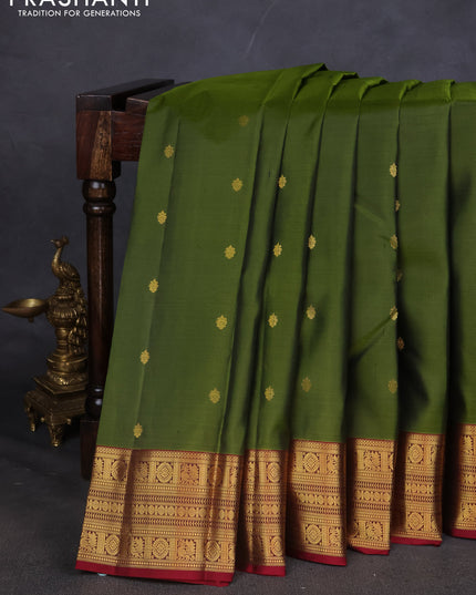 Pure kanchipuram silk saree sap green and maroon with zari woven buttas and zari woven border