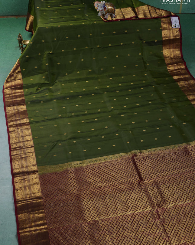 Pure kanchipuram silk saree sap green and maroon with zari woven buttas and zari woven border
