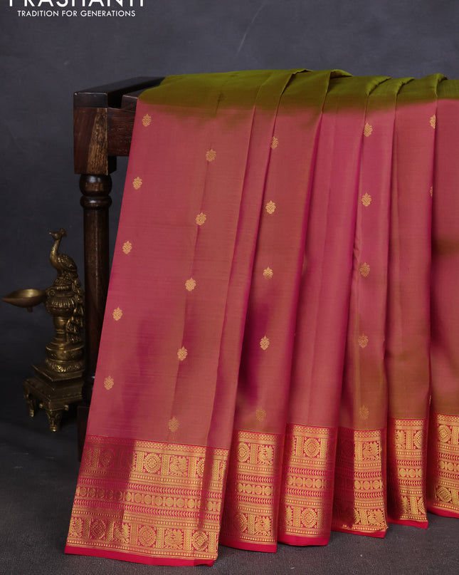 Pure kanchipuram silk saree dual shade of pinkish green with zari woven buttas and zari woven border