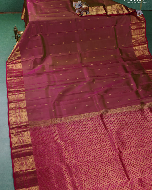 Pure kanchipuram silk saree dual shade of pinkish green with zari woven buttas and zari woven border