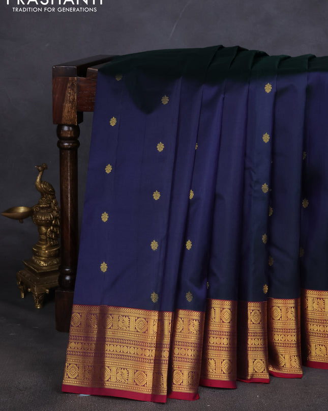 Pure kanchipuram silk saree peacock blue and maroon with zari woven buttas and zari woven border