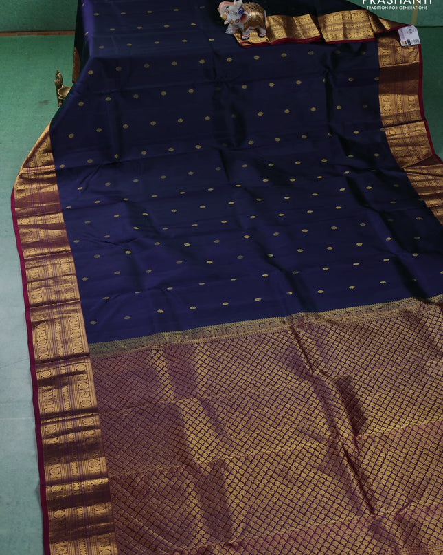 Pure kanchipuram silk saree peacock blue and maroon with zari woven buttas and zari woven border