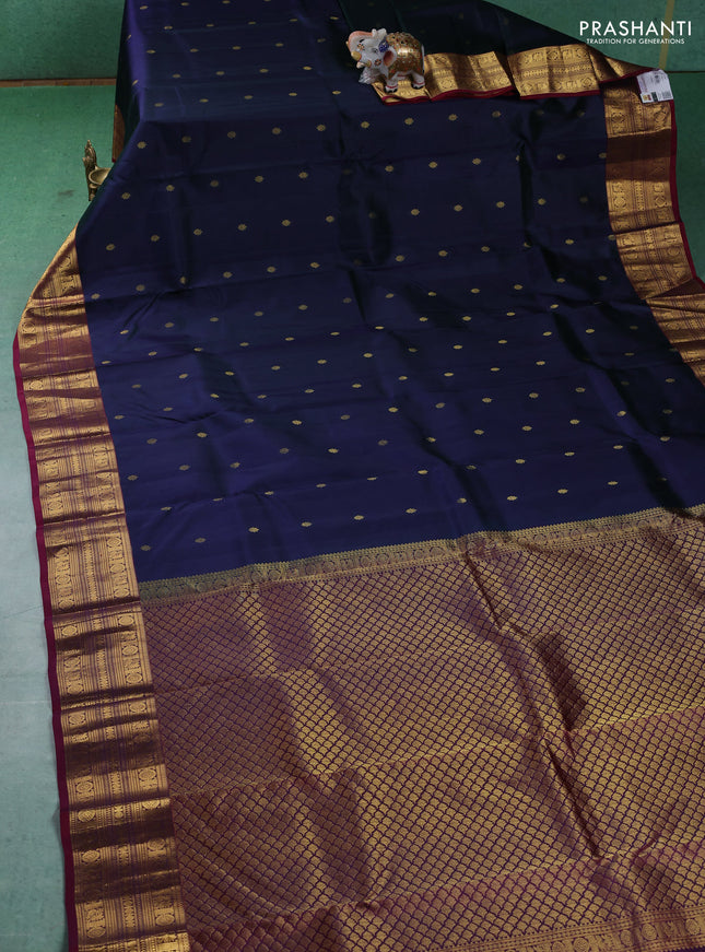 Pure kanchipuram silk saree peacock blue and maroon with zari woven buttas and zari woven border