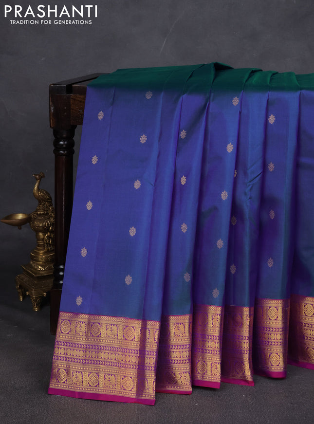 Pure kanchipuram silk saree dual shade of blue and purple with zari woven buttas and zari woven border