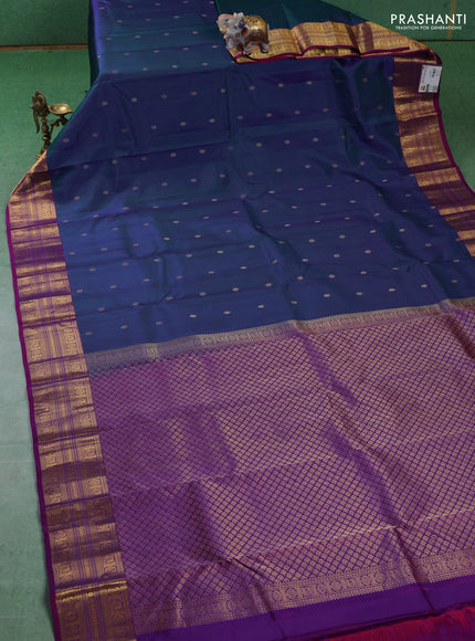 Pure kanchipuram silk saree dual shade of blue and purple with zari woven buttas and zari woven border