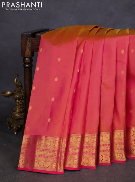 Pure kanchipuram silk saree dual shade of pinkish yellow and pink with zari woven buttas and zari woven border