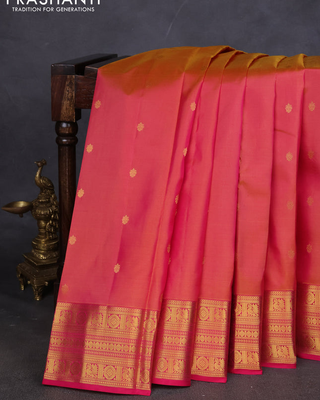 Pure kanchipuram silk saree dual shade of pinkish yellow and pink with zari woven buttas and zari woven border